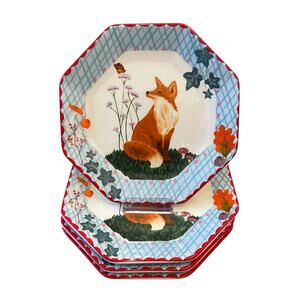 Fox Floral Octagonal Salad Dessert Plates 8in Set of 4 Colorful Ceramic NEW